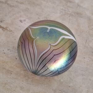 Vintage HandBlown Aurene Iridescent Studio Art Glass Pulled Feather Paperweight